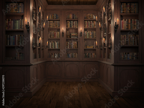 Canvas Print Mysterious library with candle lighting. With vintage books