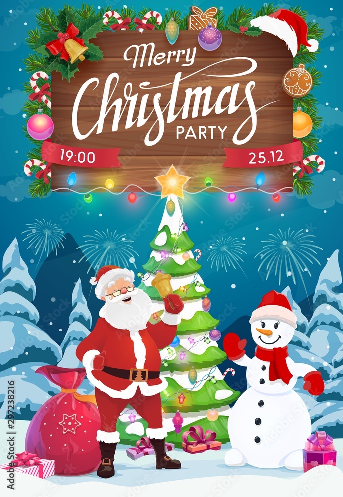 Santa and snowman with Christmas gifts. Xmas party Santa and snowman with Christmas gifts. Xmas party
