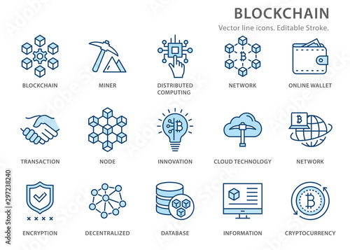 Blockchain flat line icon set. Vector illustration. Editable stroke.