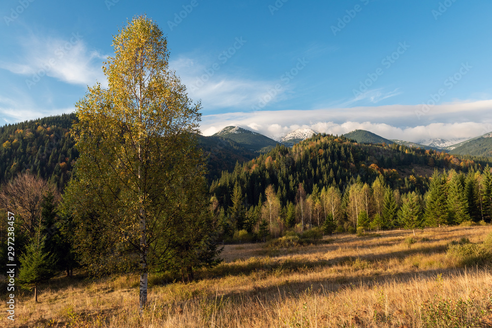 Amazing mountain landscape with colorful vivid sunset on the blue sky Amazing mountain landscape with colorful vivid sunset on the blue sky