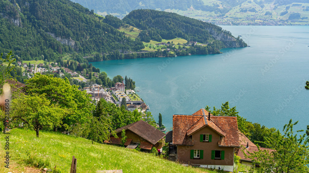 Switzerland, Panoramic view on green Alps, Vitznau and lake Lucerne
