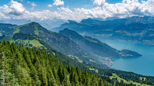 Switzerland, Panoramic view on green Alps and lake Lucerne