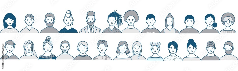 Decorative diverse women's and men's head seamless pattern frame border background. Decorative diverse women's and men's head seamless pattern frame border background.
