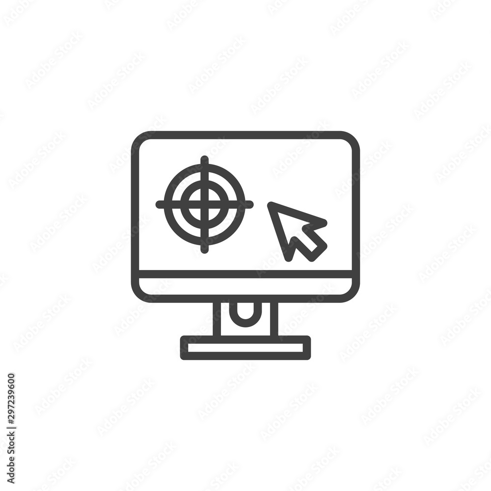 Monitor calibration line icon. linear style sign for mobile concept and web design. Computer monitor with target arrow outline vector icon. Symbol, logo illustration. Vector graphics Monitor calibration line icon. linear style sign for mobile concept and web design. Computer monitor with target arrow outline vector icon. Symbol, logo illustration. Vector graphics