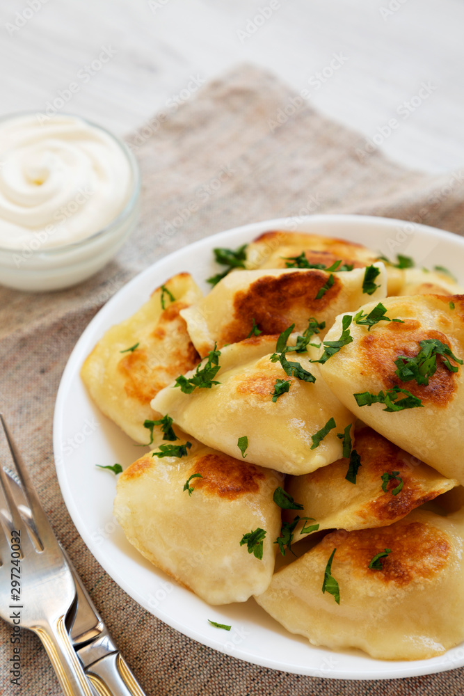 Homemade traditional polish fried potato pierogies on a white plate, side view. Closeup.