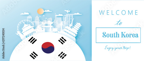 Seoul Travel postcard panorama, poster, tour advertising of world famous landmarks of South Korea in paper cut style.