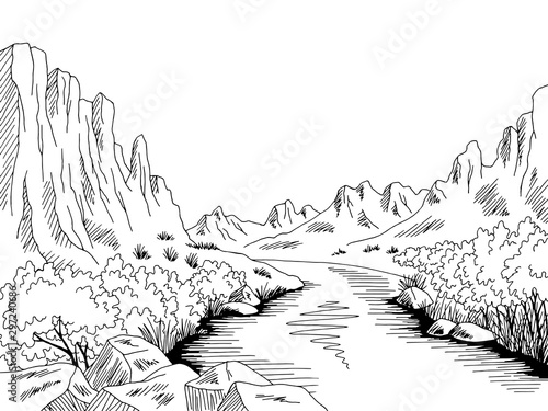 Canyon river graphic black white desert mountain landscape sketch illustration vector