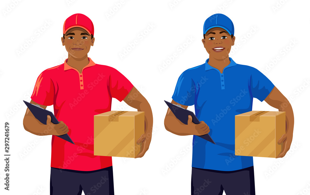 Young smiling African man wearing t-shirt and cap holding box and clipboard. Courier standing. Front view. Friendly looking delivery boy. Vector illustration isolated on the white background.