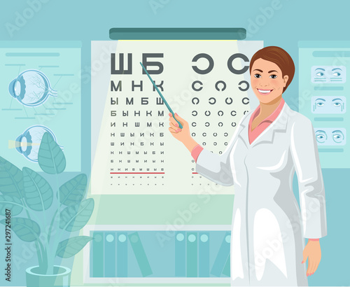 Young woman ophthalmologist conducts a visual acuity test. Oculist in medical room shows Golovin – Sivtsov eye table. Vector illustration