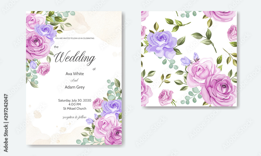 wedding invitation card template set with beautiful seamless pattern floral leaves
