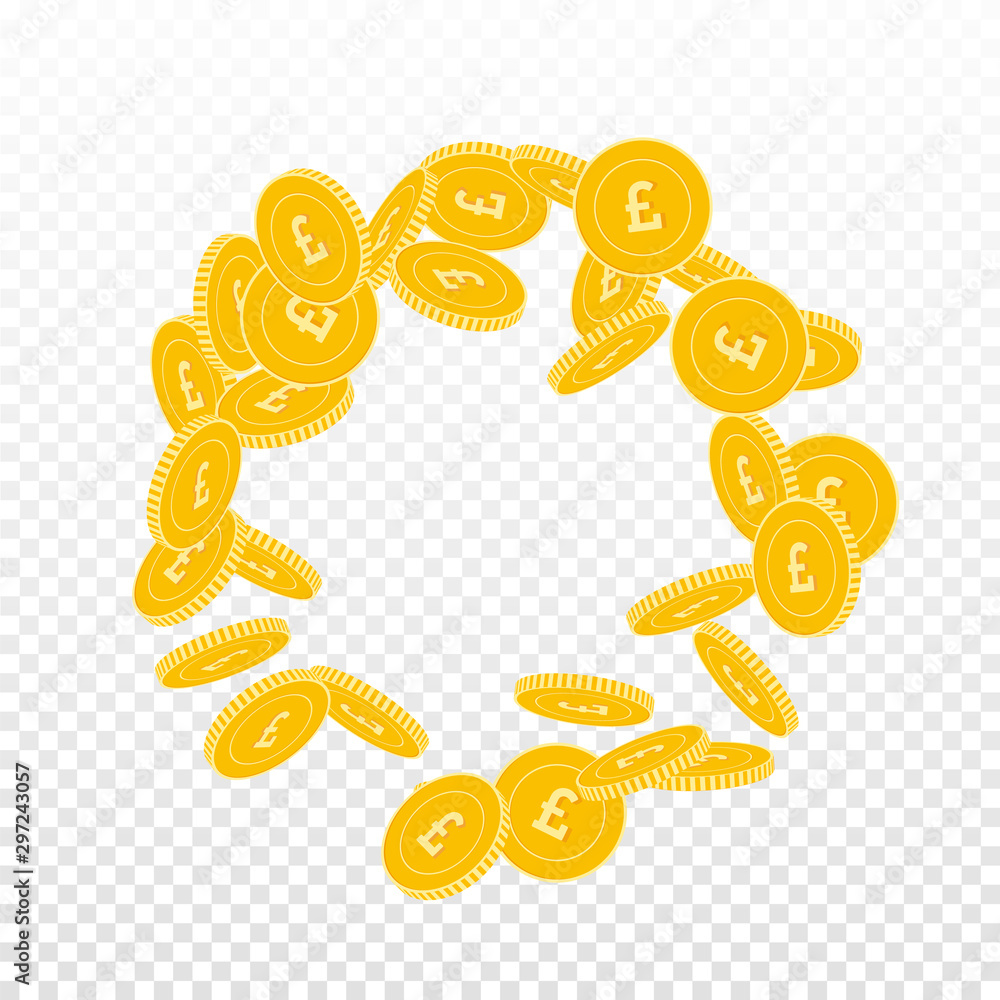 British pound coins falling. Scattered big GBP coi British pound coins falling. Scattered big GBP coi