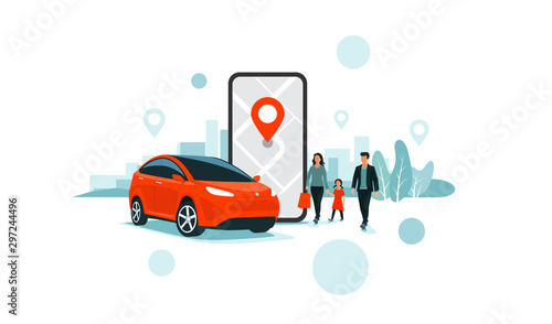 Vector illustration of autonomous online car sharing service controlled via smartphone app. Phone with location mark and smart family car in modern city skyline. Connected vehicle remote parking. 