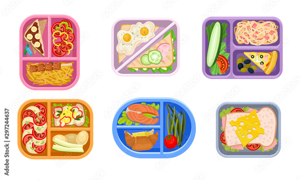 Lunchbox Containers Set With Bright Content. View From Above Lunch Concepts