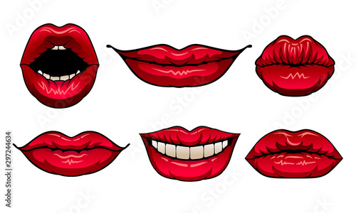 Red Woman Lips Showing Different Emotions Vector Illustrated Set photo