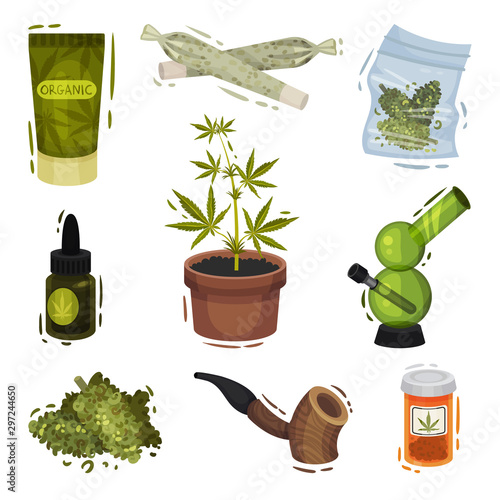 Cannabis Plant Things and Items Vector Illustrated Set