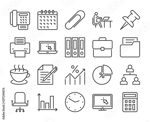 20 Office icons. Office work line icon set. Vector illustration. Editable stroke.