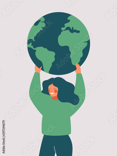 Happy woman holds the green planet Earth. Vector illustration of Earth day and saving planet. Environment conservation and energy saving
