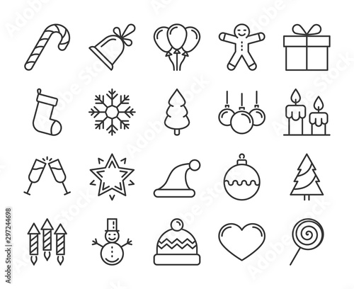 20 Christmas icons. Xmas line icon set. Vector illustration. Editable stroke.
