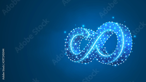 Mobius strip ring infinity sacred geometry. Digital, wireframe, low poly mesh, vector neon 3d illustration. Abstract endless, infinite structure concept. Triangles, lines, dots on blue background