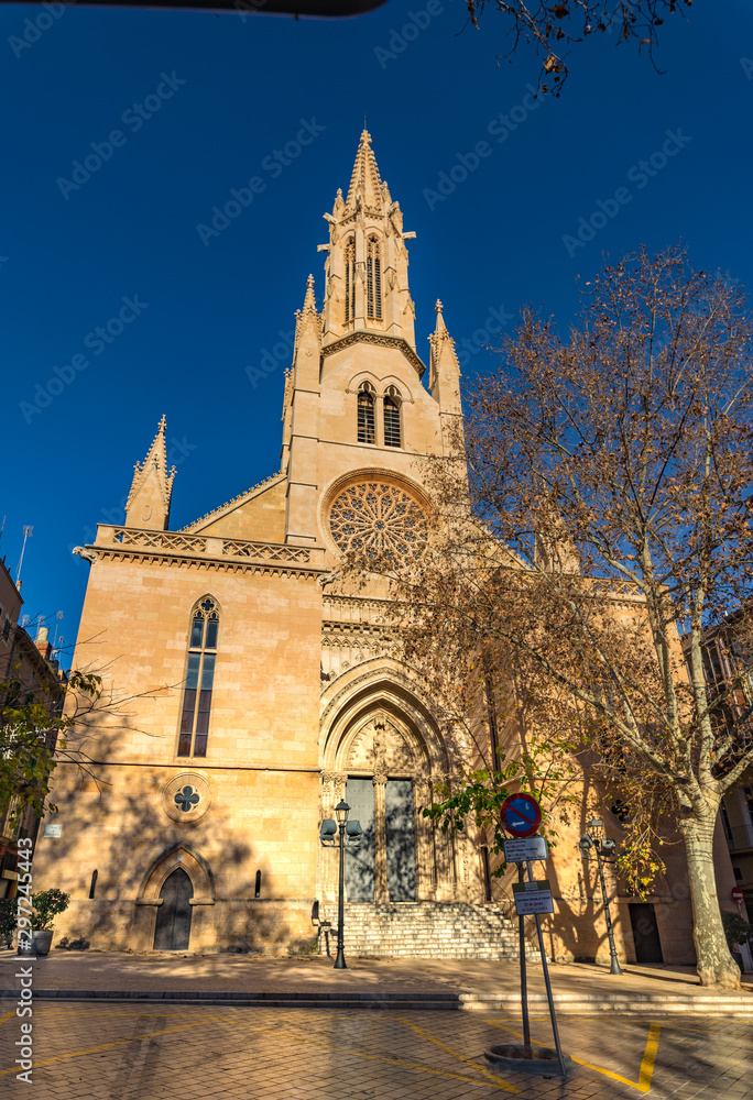 Majorca, Spain - January, 2019: Front view of church at the old town of Palma de Majorca, Spain