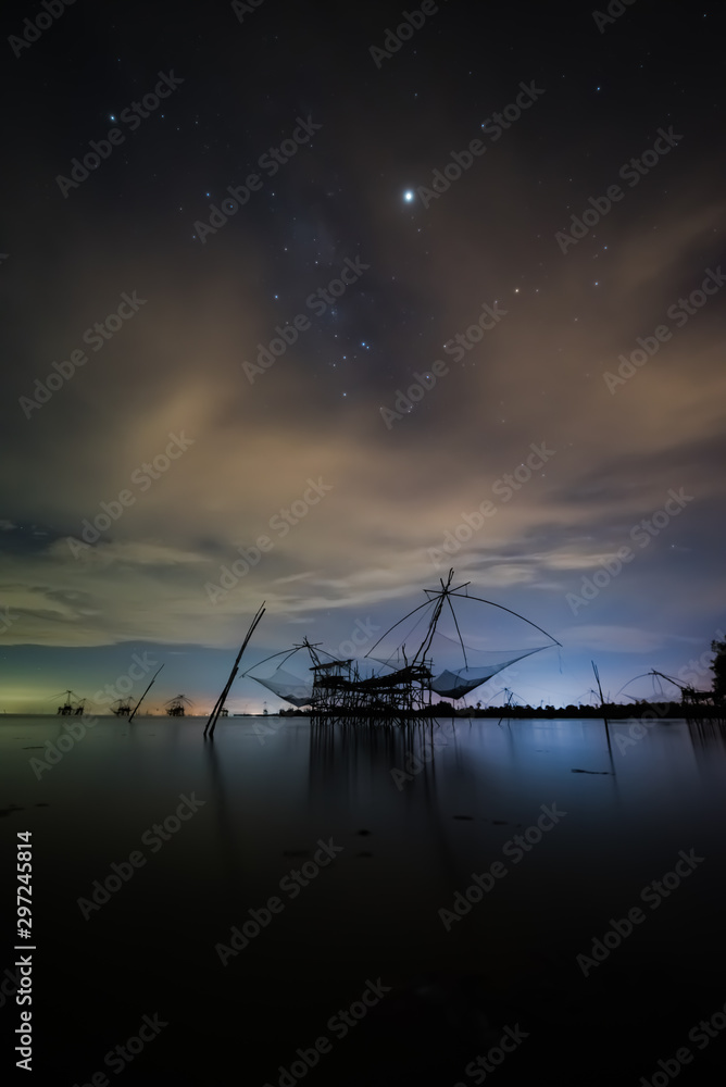 Large fish traps used for fishing in sourthern of Thailand at night.