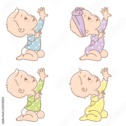 Set of little baby in diaper sit, pull hand up. 
