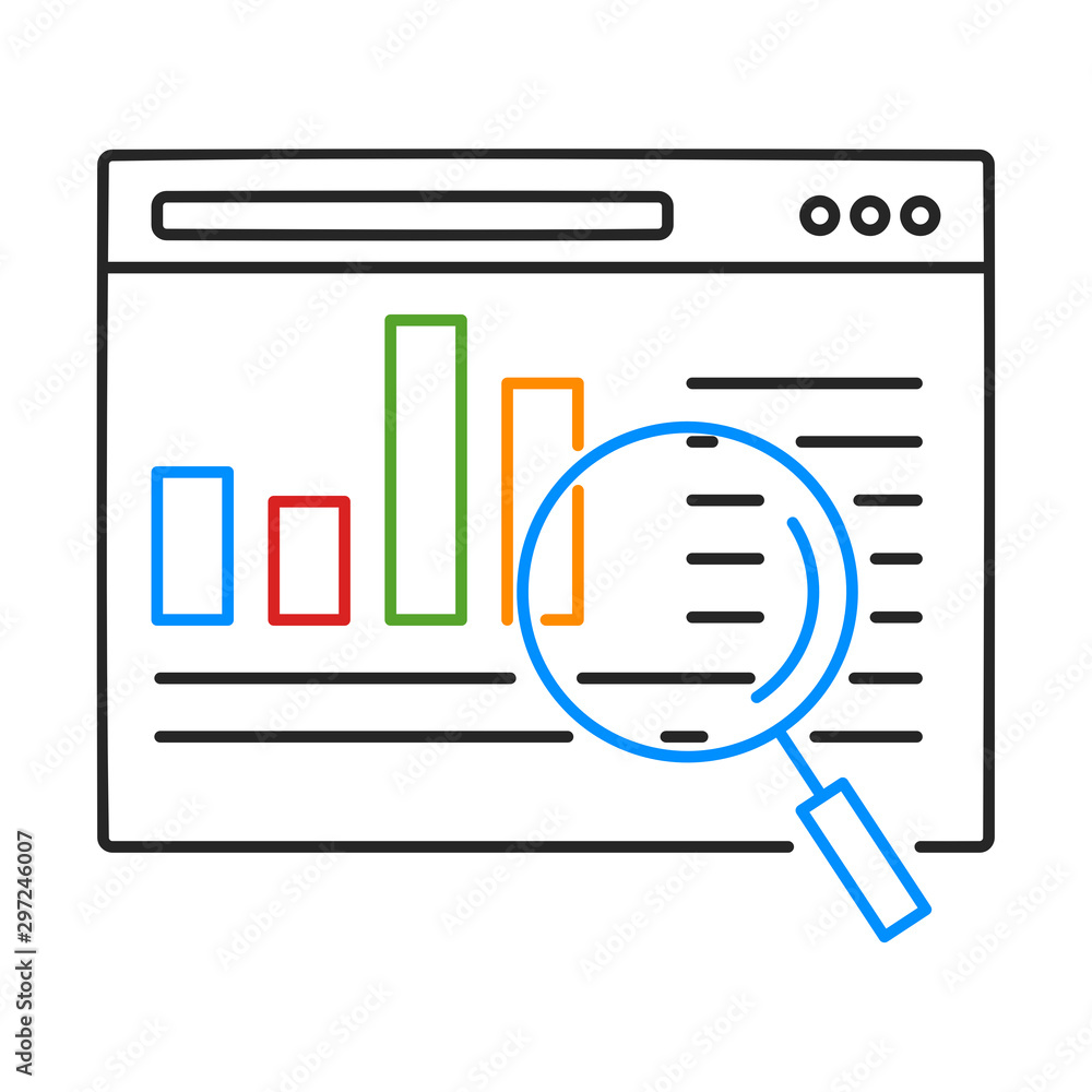 Search Engine Optimization SEO concept. SEO reporting, data monitoring, web traffic analytics, Seo optimization. Outline thin line illustration. Isolated on white background. 