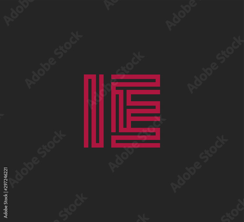 Fotografie Initial two letter red line shape logo on black vector IE