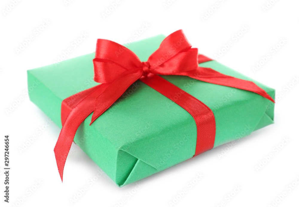 Christmas gift box decorated with ribbon bow on white background Christmas gift box decorated with ribbon bow on white background