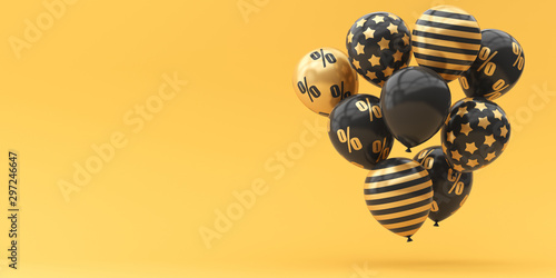 Balloons black with gold percent on a golden background. 3d render illustration. Black Friday.