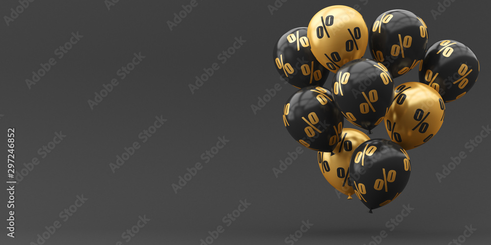 Balloons black with gold and percent on a golden background. 3d render illustration. Black Friday. - obrazy, fototapety, plakaty 
