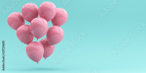 Pink balloons on a pastel blue background. 3d render illustration.