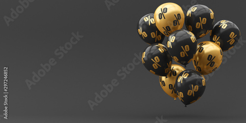 Balloons black with gold and percent on a golden background. 3d render illustration. Black Friday.