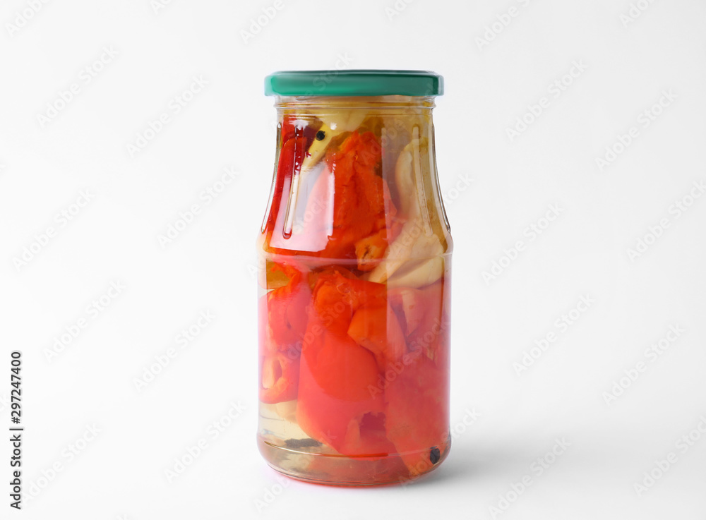 Jar with pickled bell peppers on white background Jar with pickled bell peppers on white background