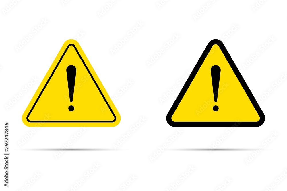 Flat yellow hazard warning symbol. Warning icon and sign of danger isolated on white background for use on web design, typography, ui, app, on the road and construction. - obrazy, fototapety, plakaty 