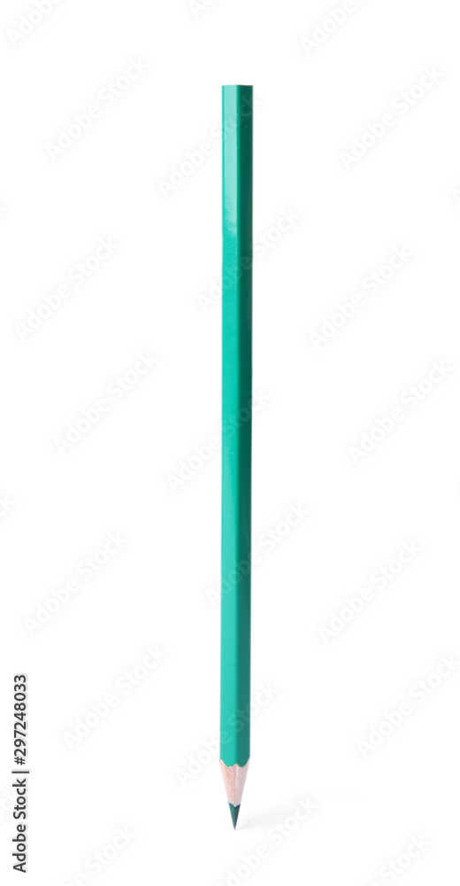 Green wooden pencil on white background. School stationery Green wooden pencil on white background. School stationery