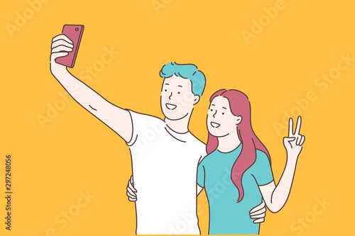 Youth lifestyle, blogging and teenage social activity concept. Couple taking selfie together, teenager making self portrait, happy boyfriend and girlfriend spending time together. Simple flat vector