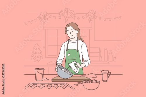 Christmas celebration preparation, waiting winter holidays and New Year mood concept. Housewife baking gingerbreads, woman cooking traditional Xmas cookies recipe. Simple flat vector