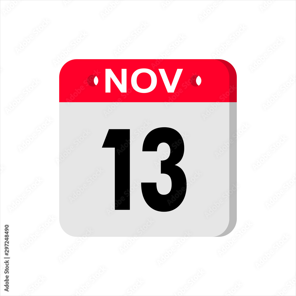 November 13 - Calendar Icon. Calendar Icon with shadow. Flat style. Date, day and month. Reminder. Vector illustration. Organizer application, app symbol. Ui. User interface sign. November 13 - Calendar Icon. Calendar Icon with shadow. Flat style. Date, day and month. Reminder. Vector illustration. Organizer application, app symbol. Ui. User interface sign.