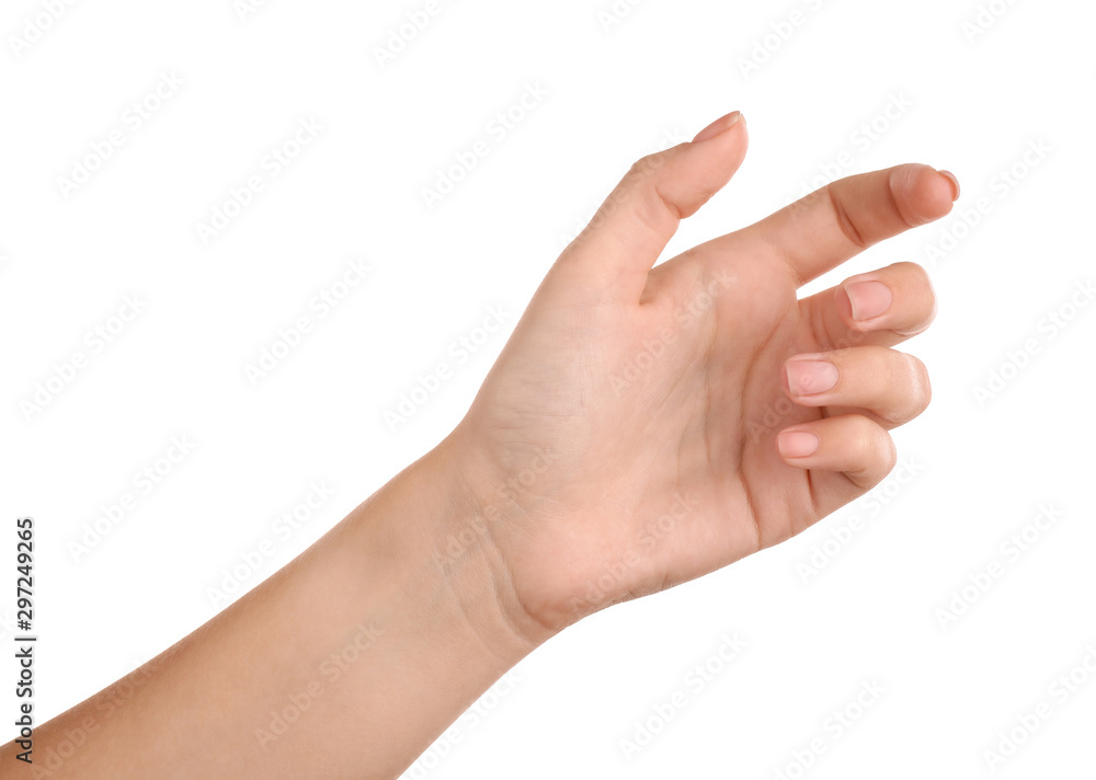Woman holding something on white background, closeup of hand Woman holding something on white background, closeup of hand