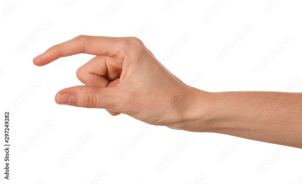 Woman holding something on white background, closeup of hand Woman holding something on white background, closeup of hand