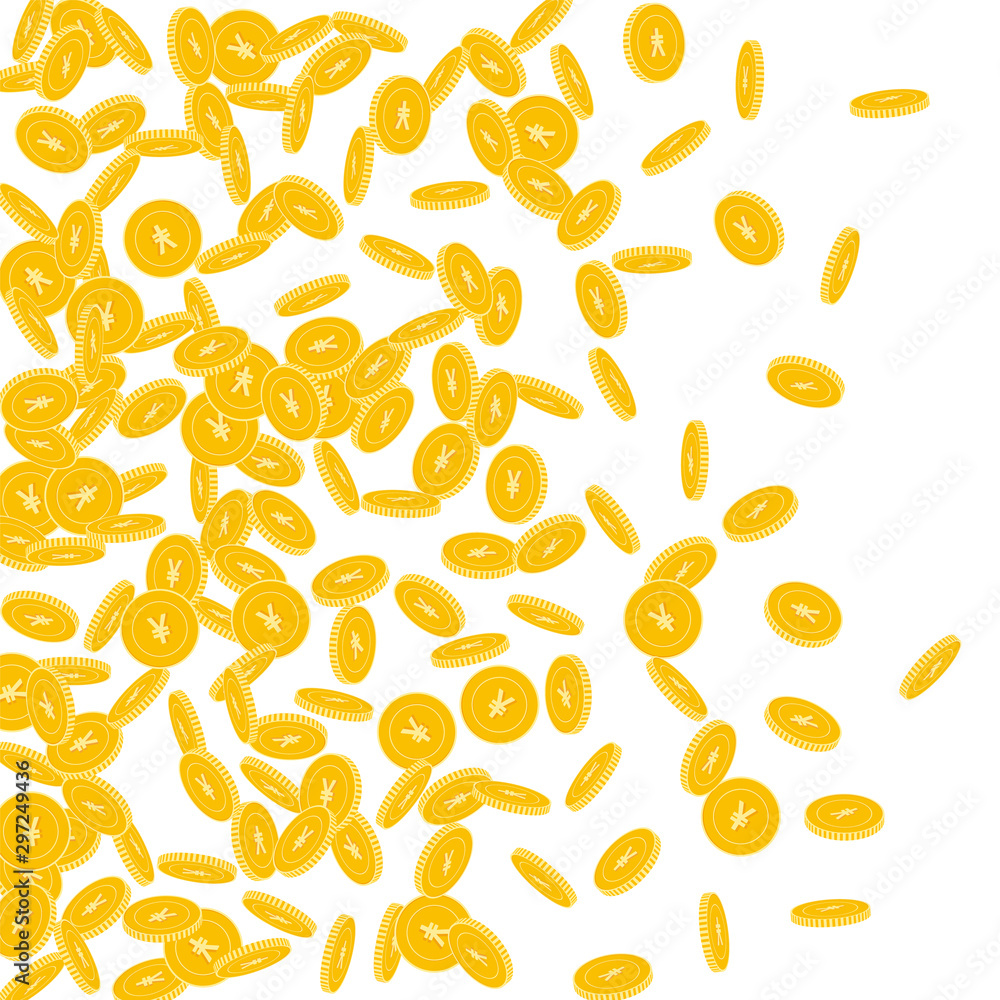 Chinese yuan coins falling. Scattered small CNY co Chinese yuan coins falling. Scattered small CNY co