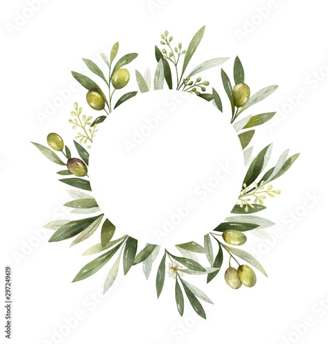 Watercolor vector frame of olive branches and leaves.