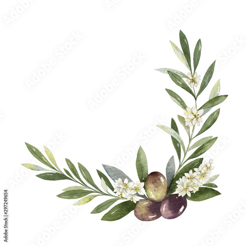 Watercolor vector wreath of olive branches and leaves.