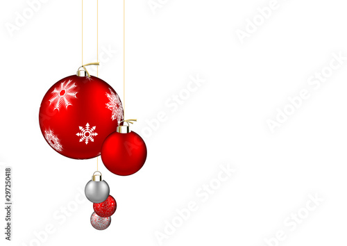 Christmas balls isolated on white background. Festive xmas and New Year background decoration silver and red bauble with white snowflakes, hanging on the ribbon.
