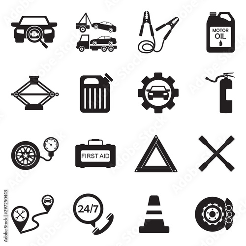 Roadside Assistance And Tow Icons. Black Flat Design. Vector Illustration.