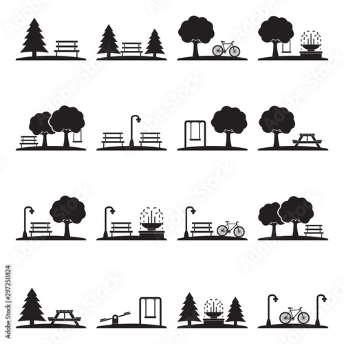 Park Icons. Black Flat Design. Vector Illustration.
