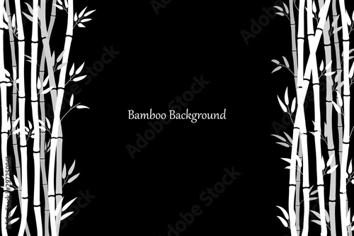 Frame of bamboo sticks and leaves. Background template with bamboo stems. White silhouette on a black background. Vector illustration. Minimalistic style.
