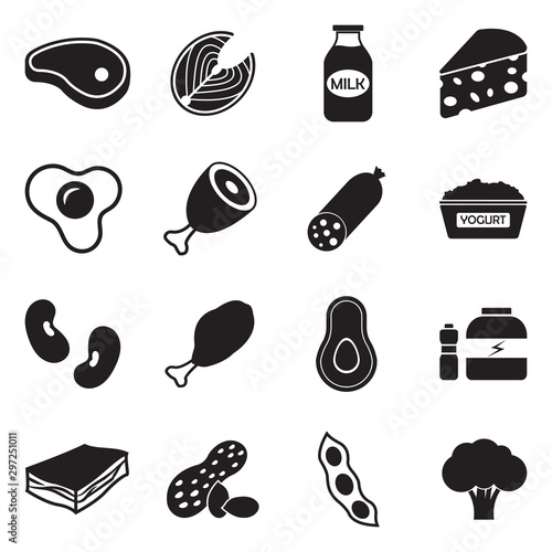 Protein Food Icons. Black Flat Design. Vector Illustration.