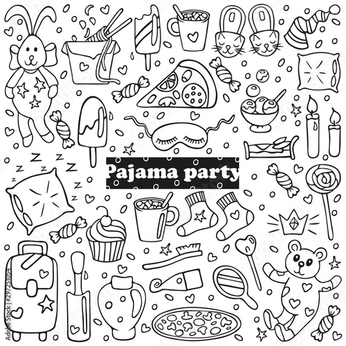 Big set of pajama party icons. Sleepover or slumber party objects in doodle style. Isolated on white background. For banners, cards, coloring book, stickers design. Cute hand drawn vector
